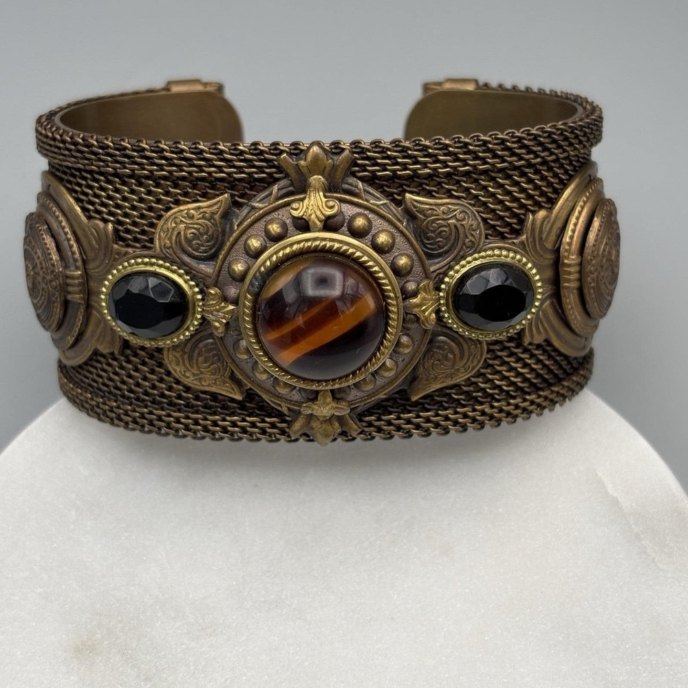 Vintage Bronze Mesh Cuff Bracelet Cabochon and Faceted Stones Ornate Heavy